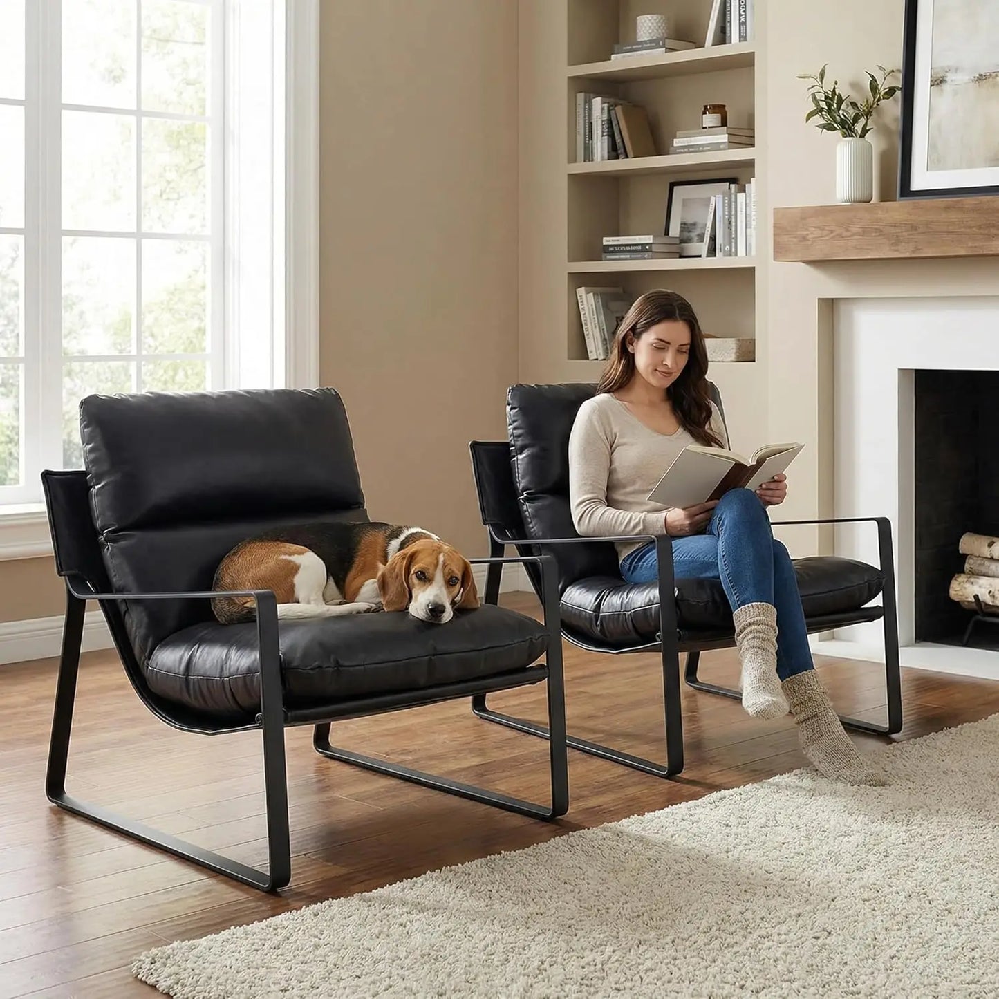 PU Leather Accent Armchair Set of 2 Upholstered Soft Metal Legs Removable Cushion Lounge Chair Living Room Bedroom , Custom