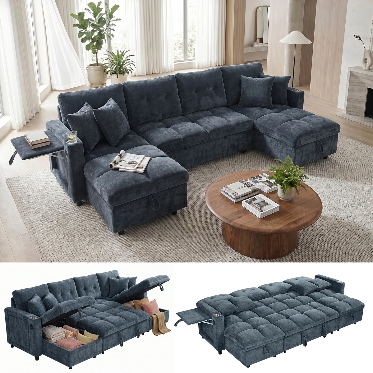 Convertible U-Shaped Sleeper Sofa, 107.8" 2-in-1 Pull Out Bed Sectional with Double Storage Chaise, Charging Station and Cup Holders, Chenille Fabric Couch for Living Room, Blue