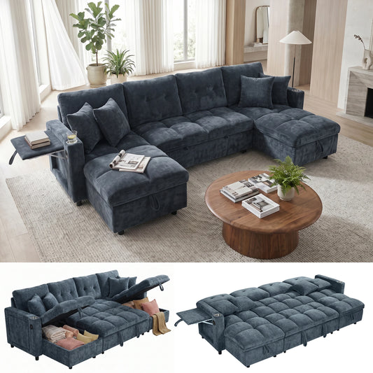Convertible U-Shaped Sleeper Sofa, 107.8" 2-in-1 Pull Out Bed Sectional with Double Storage Chaise, Charging Station and Cup Holders, Chenille Fabric Couch for Living Room, Blue