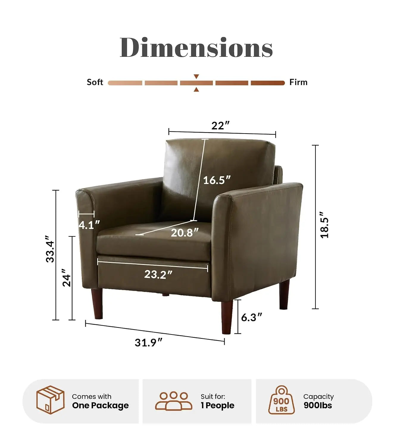 Accent Chair for Living Room, Mid Century Modern Upholstered PU Leather Armchair with Rolled Arms and Deep Seat,, Customized