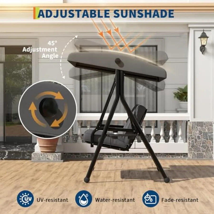 2 Seat Outdoor Porch Swing, 2-in-1 Patio Swing Chair with Thickened Removable Cushions, Adjustable Canopy ＆ Cup Holders, Outdoo