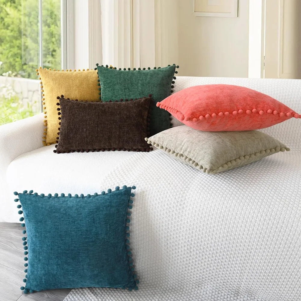 Cozy Chenille Throw Pillow Covers 20x12 Inch Set of 2 with Pom Poms for Couch Sofa Bed Taupe