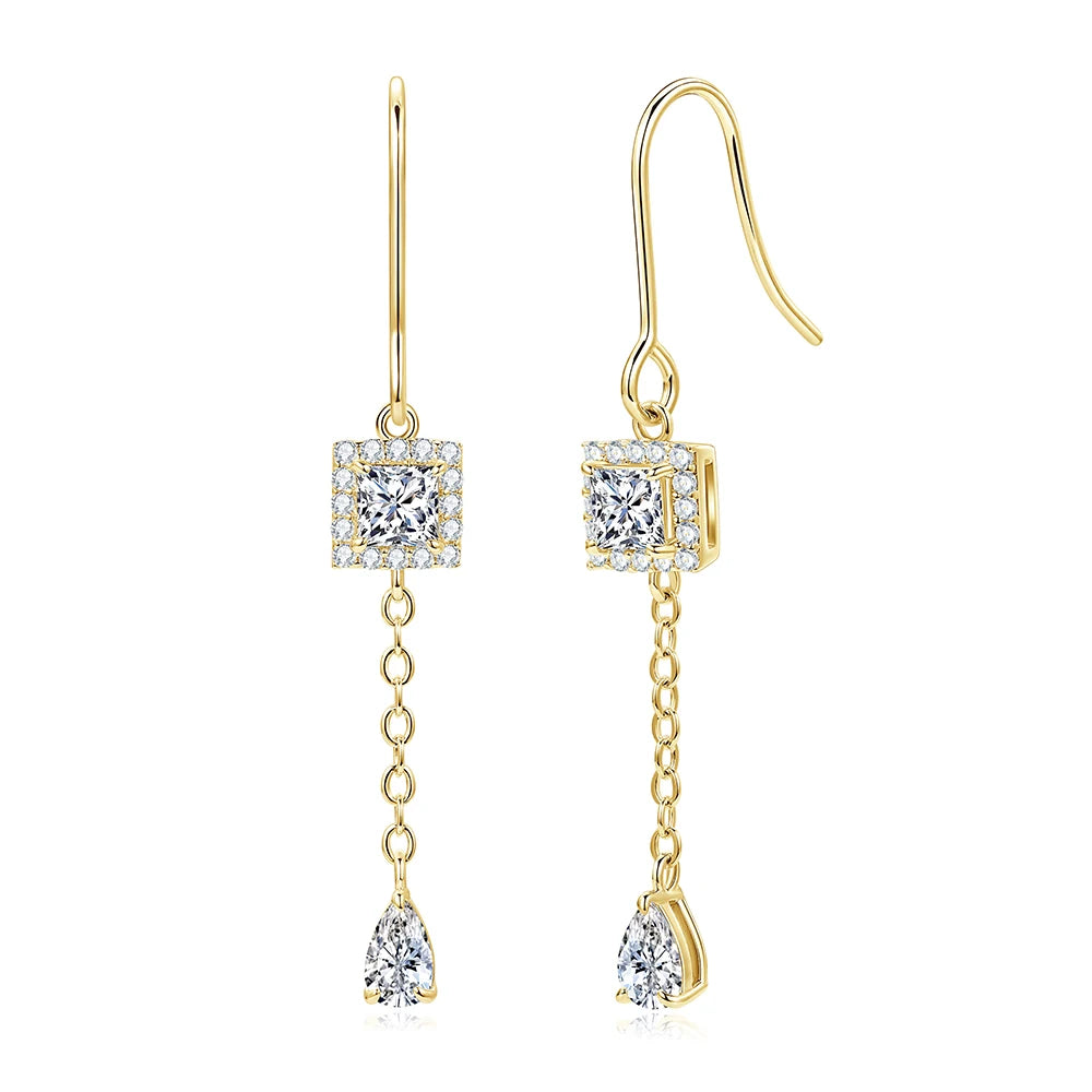 OXTAO Princess Cut Moissanite Geometric Stud Earrings 3.5x3.5mm  D VVS1 for Women Long Tassel Drop Earrings Women's Jewelry Gift