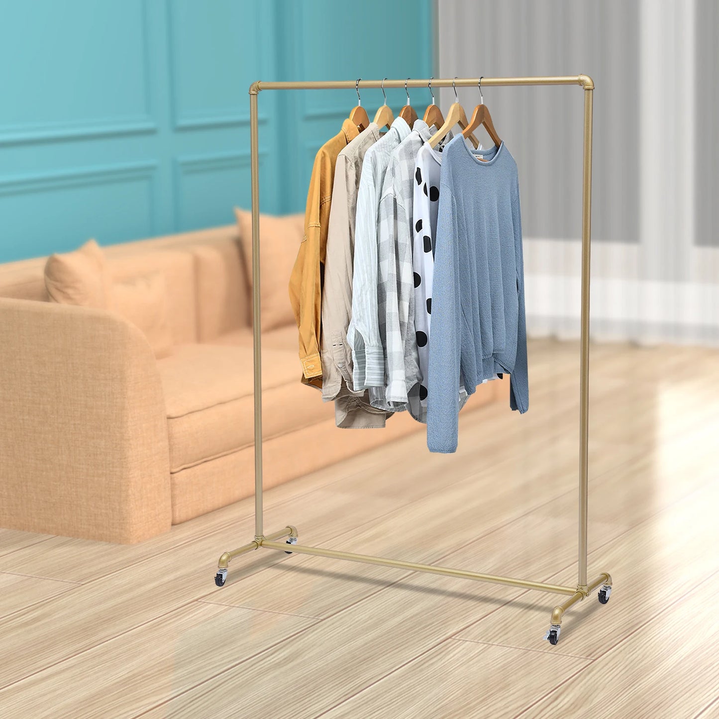 Garment Rack Clothes Display Stand 100lbs Load 120*40*160cm Gold with 4 Casters Brakes for Clothing Store Boutique Bedroom Hallway