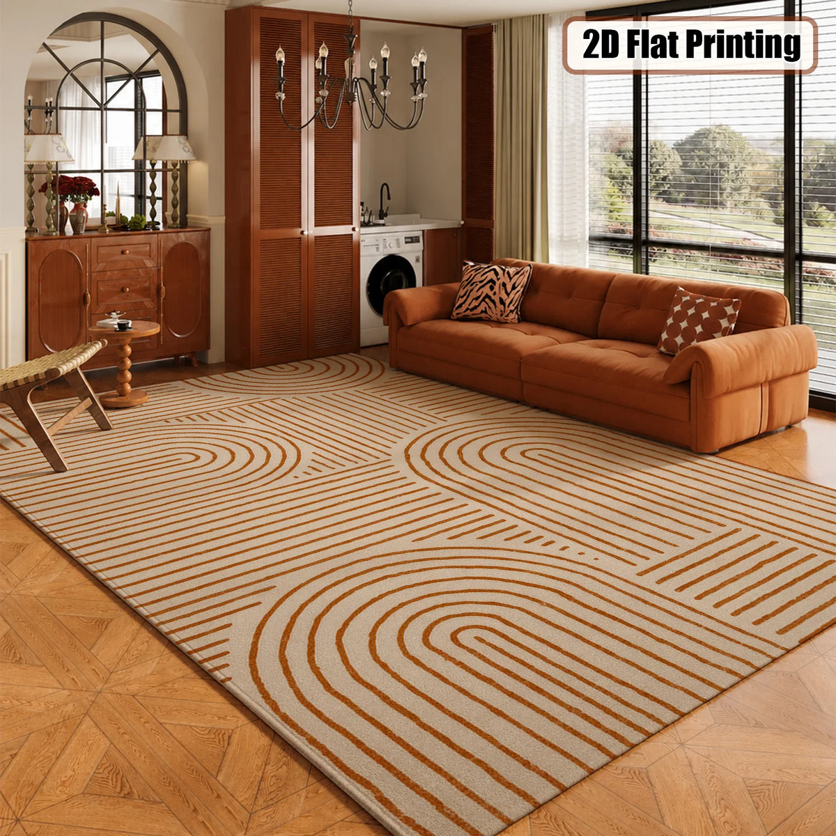 Large Indoor Area Rug, Soft Velvet Low Pile with Non-Slip Dotted Backing, Machine Washable Modern Geometric Line Pattern, Neutral Terracotta Abstract Rug for Living Room and Bedroom Home Decoration