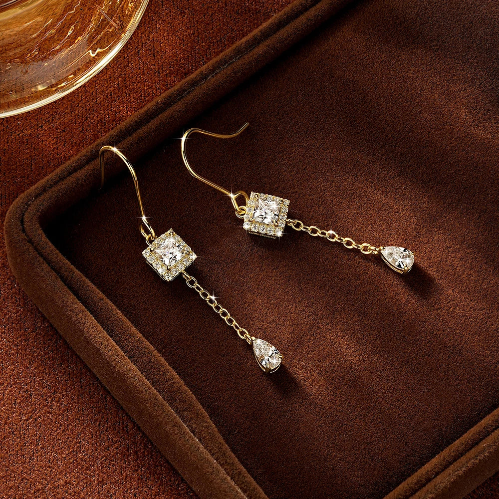 OXTAO Princess Cut Moissanite Geometric Stud Earrings 3.5x3.5mm  D VVS1 for Women Long Tassel Drop Earrings Women's Jewelry Gift