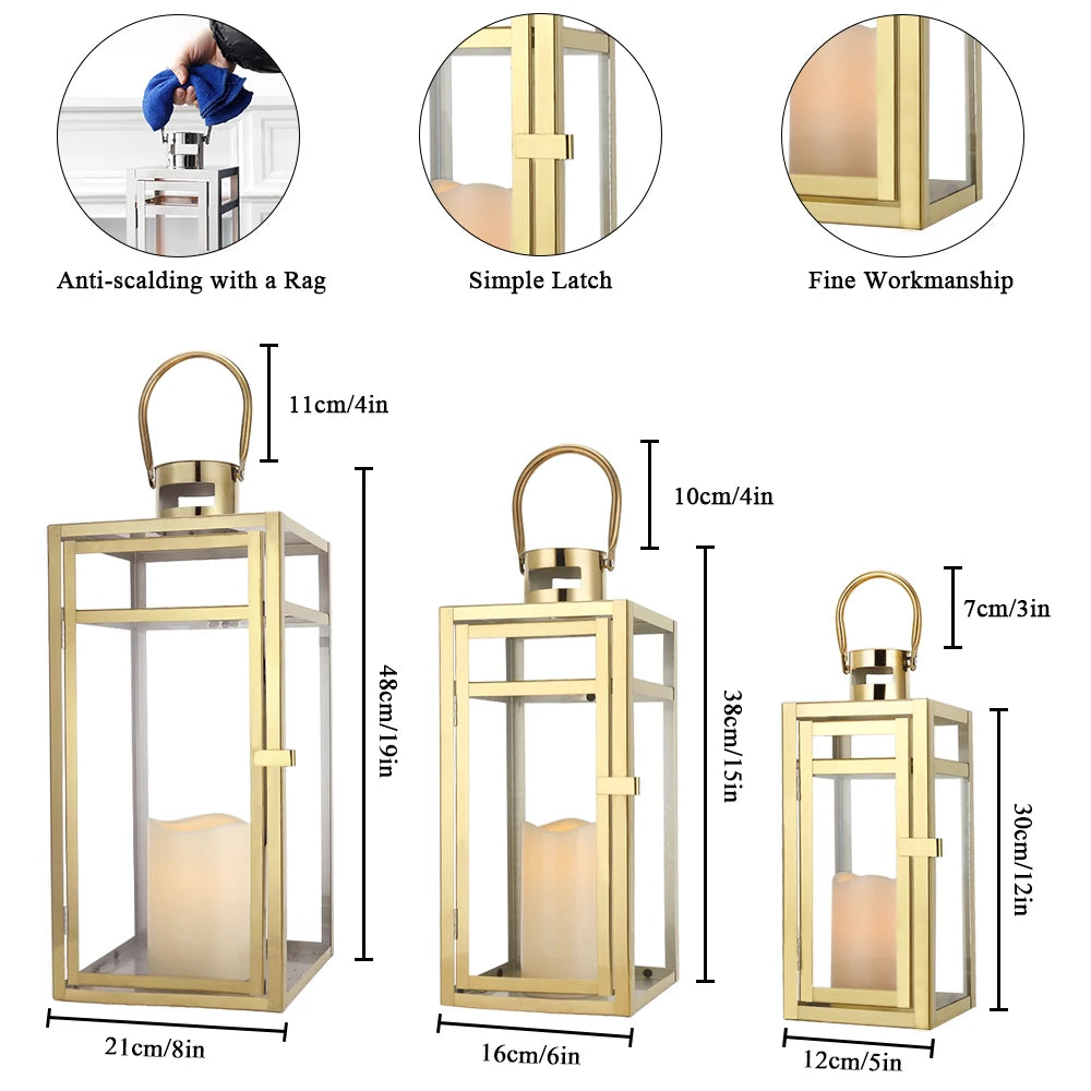 NEWIMAGE Stainless Steel Lantern Set With Tempered Glass Panels