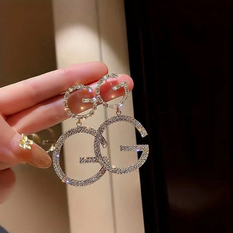 G Letter Pendant Earrings With Rhinestones Stainless Steel