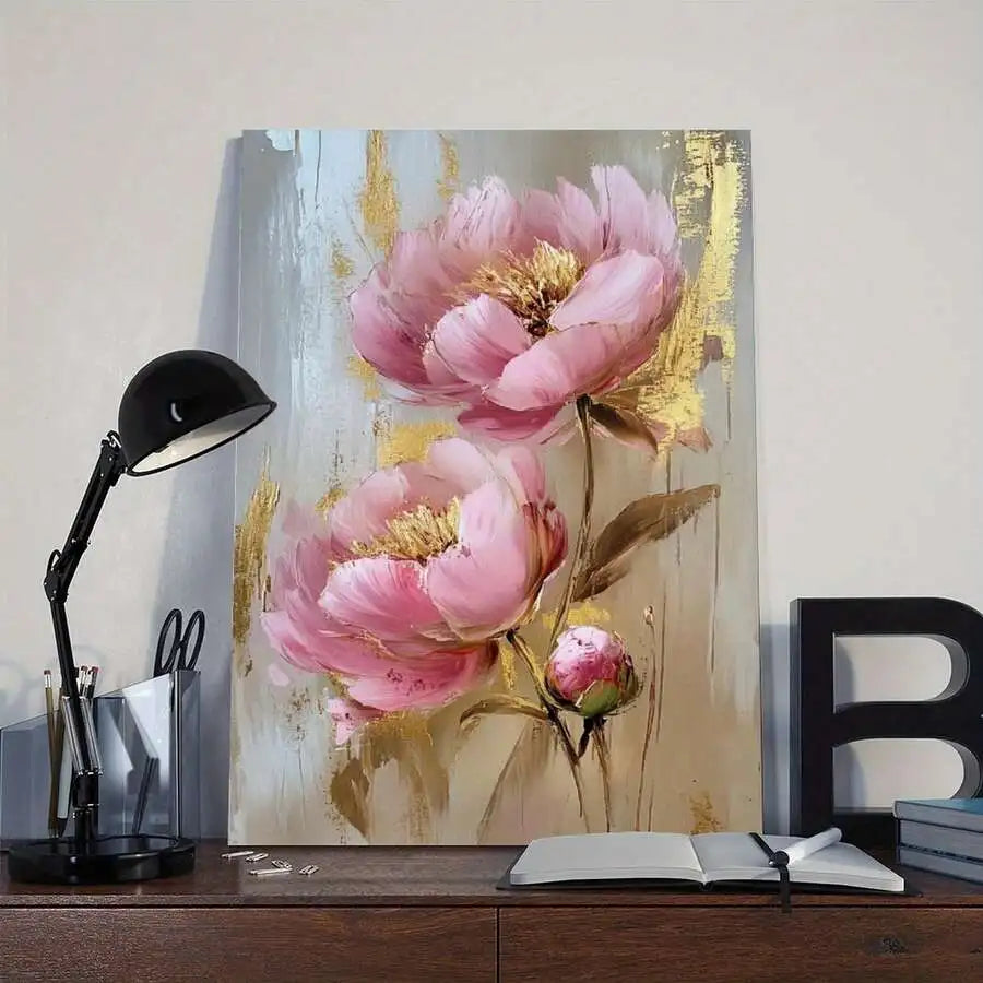 Canvas Peonies Painting With Foil Accents In Wooden Frame