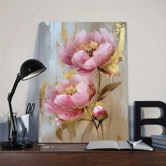 Canvas Peonies Painting With Foil Accents In Wooden Frame
