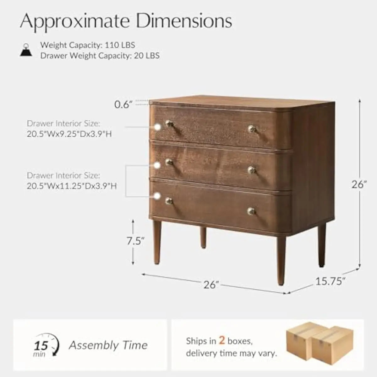 3-Drawer Curved End Table Set with Built-in Outlet & Adjustable Feet – Walnut Finish Solid Wood Construction – Modern Living Roo