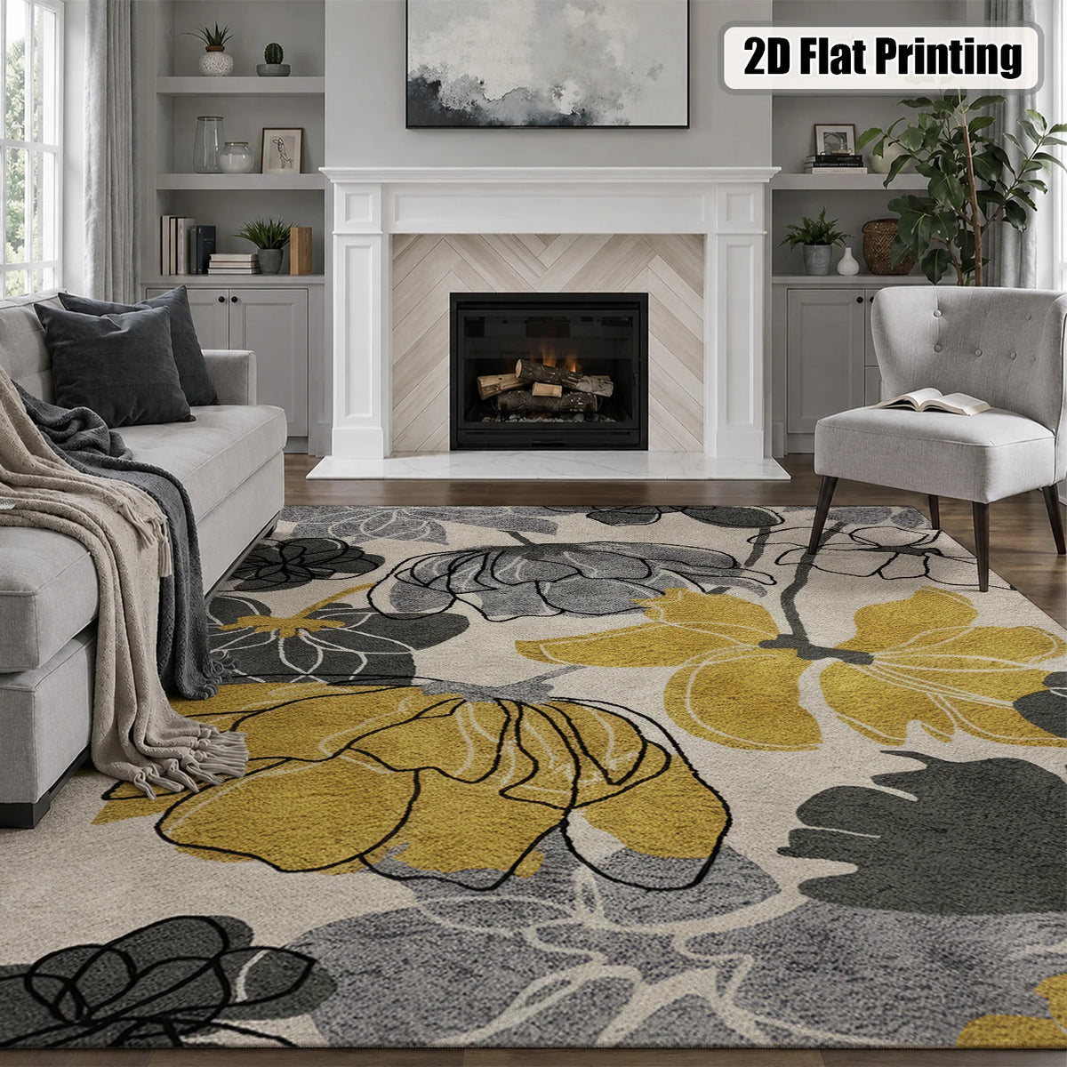 Large Indoor Area Rug, Soft Velvet Low Pile Non-Slip Machine Washable Abstract Floral Rug in Mustard Yellow & Gray Tones for Living Room, Bedroom, Entryway