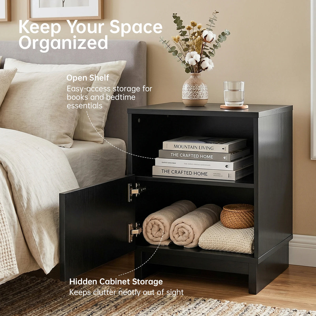 TinyNest Fluted Nightstand, 17.7 inch Modern Wood Bedside Table With Storage Drawers & Open Shelf, Mid-Century Small Coffee Tea Sofa Side Table, End Table Storage Cabinet For Bedroom, Living Room