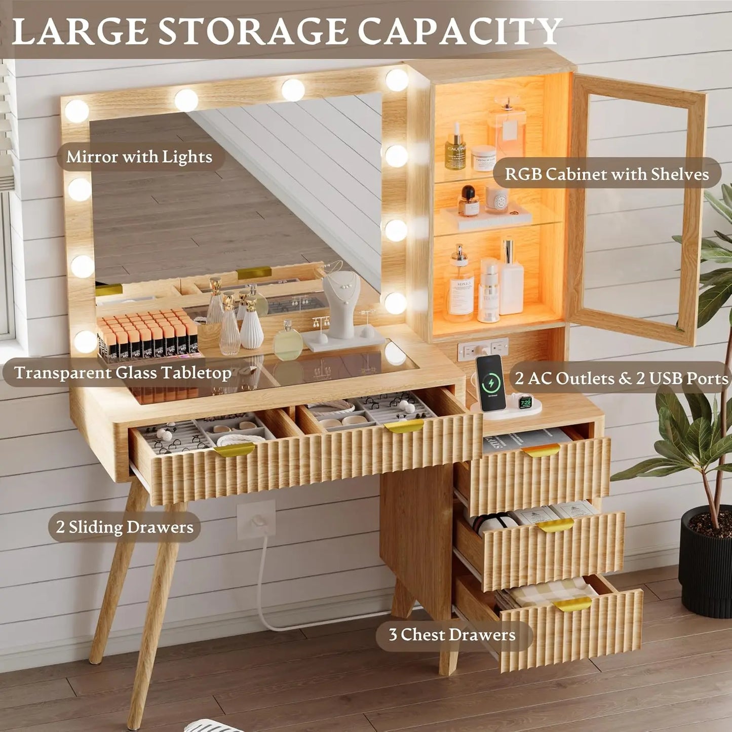Fluted Vanity Desk with Mirror and Lights, 45" Glass Top Makeup Table Set with 5 Drawers, Power Outlet & Storage, Customized