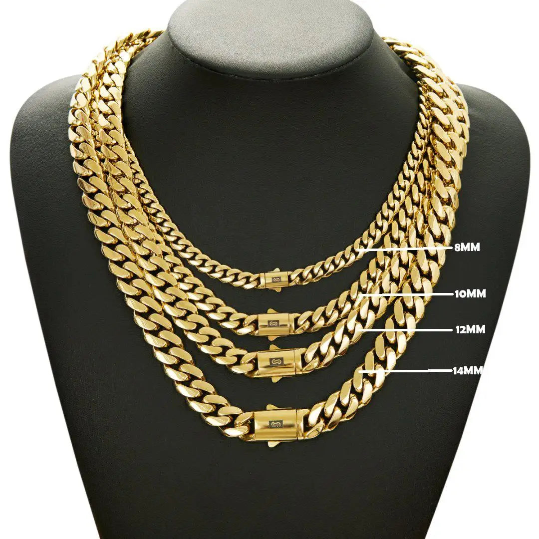 8-14MM Black S Clasp 14K Gold Cuban Link Chain Necklace for Men Chunky Hip Hop Jewelry Stainless Steel Rope Chain