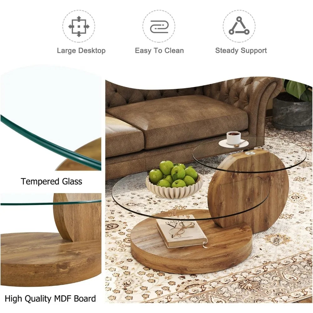 Tempered Round Glass Coffee Table With Wood Frame 3 Tier