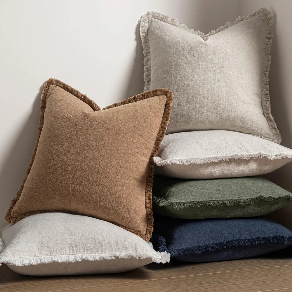 Set of 2 Boho Farmhouse Throw Pillow Covers 20x20 Linen Fringe Neutral Beige