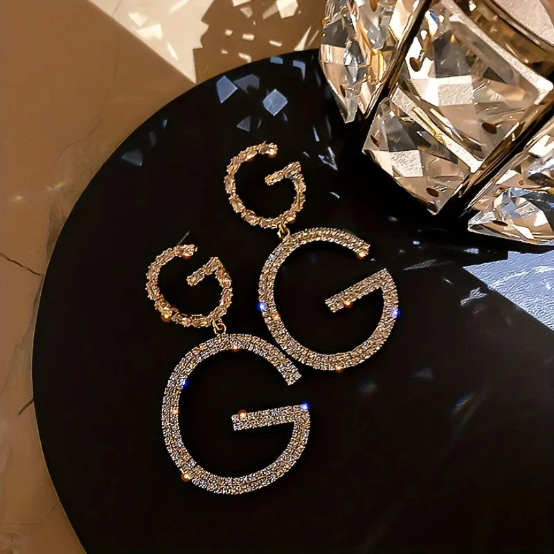 G Letter Pendant Earrings With Rhinestones Stainless Steel
