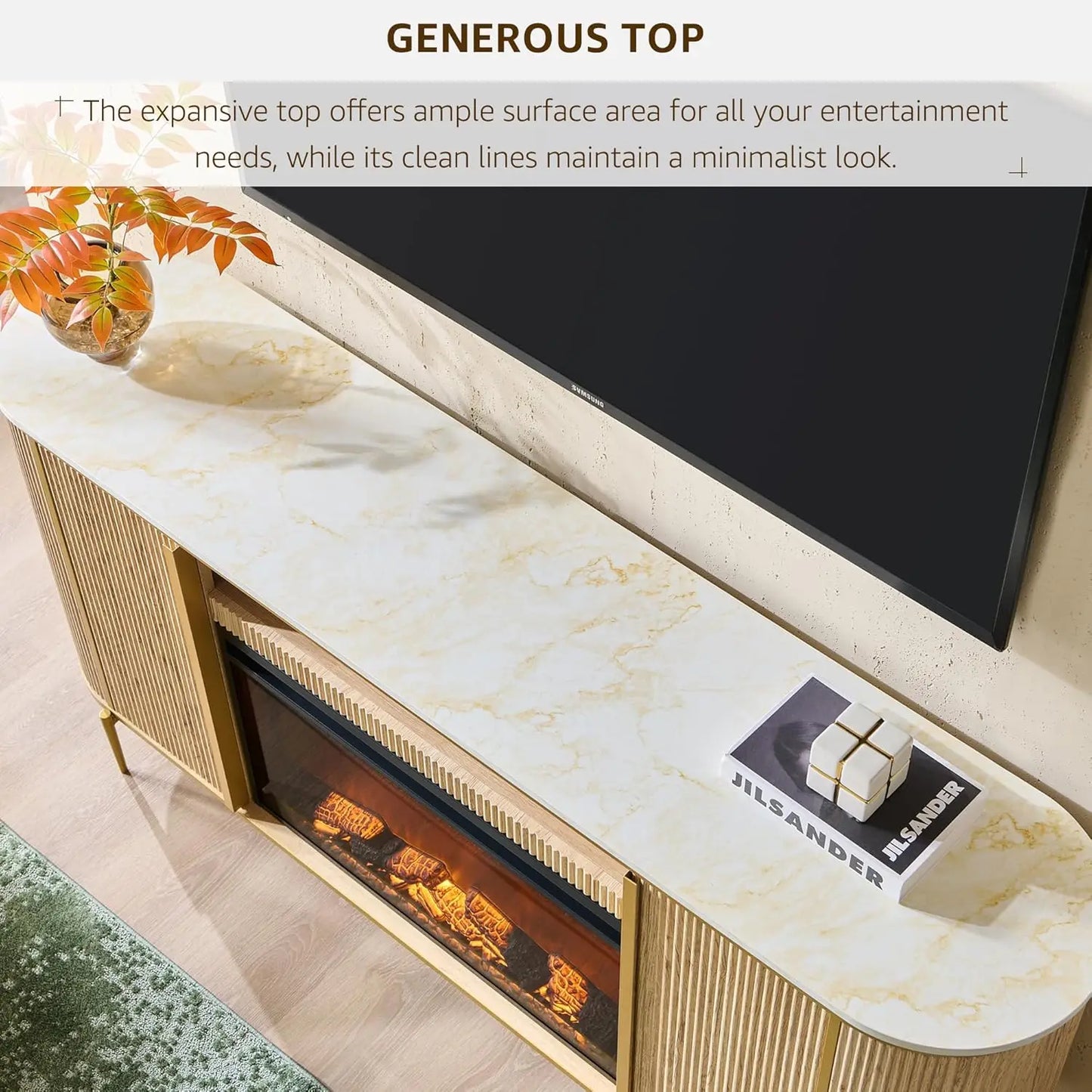 Fluted Fireplace TV Stand With Faux Marble Modern Curved Console