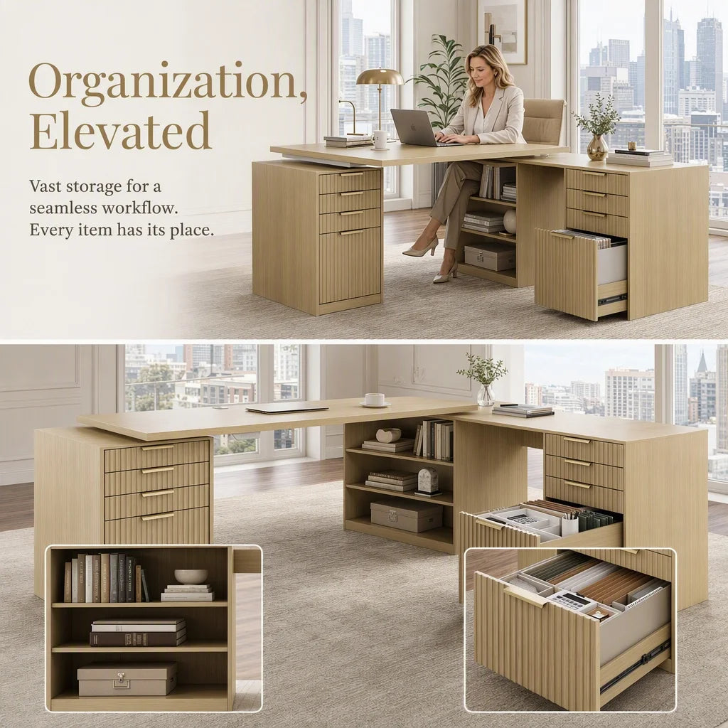 L Shaped Electric Standing Desk, 81'' x 68" Executive Height Adjustable Desk with Drawers and File Cabinet, AC/USB, Fluted Computer Desk with Storage Shelves for Home Office