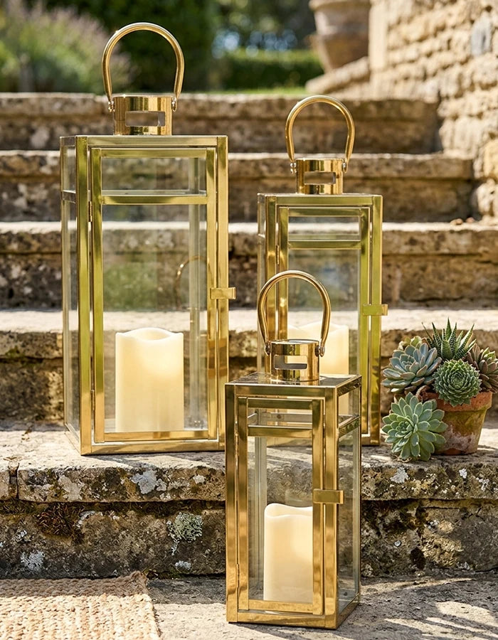NEWIMAGE Stainless Steel Lantern Set With Tempered Glass Panels