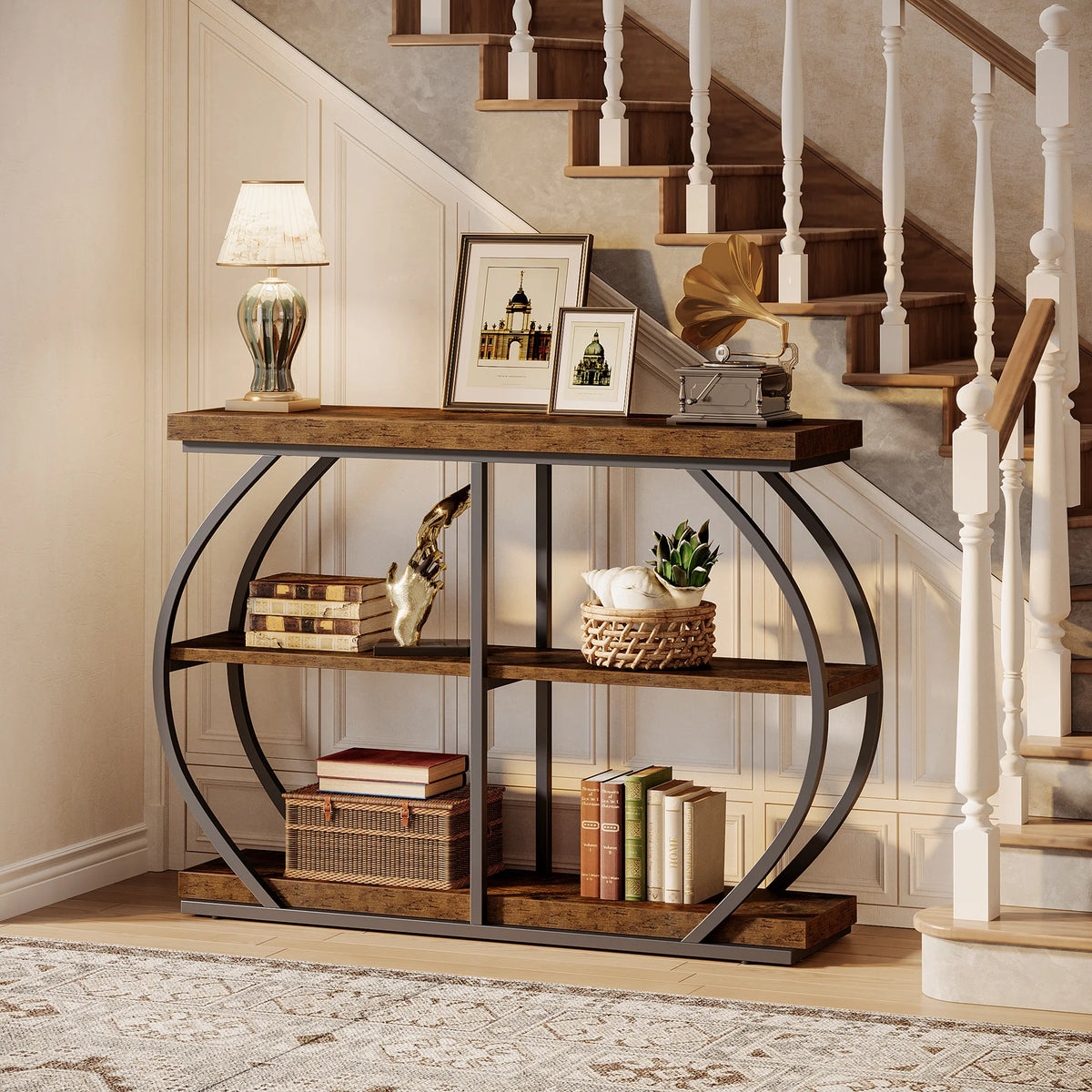 Tribesigns Industrial Console Table with Three Tier Storage Shelves
