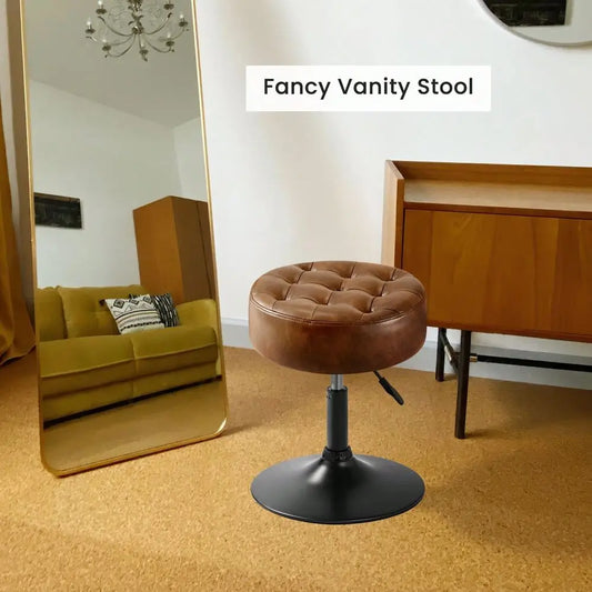 Modern Faux Leather 360Swivel Round Ottoman Stool,Comfortable 16 Tufted Vanity Stool,Upholstered Padded Accent Stool For Makeup