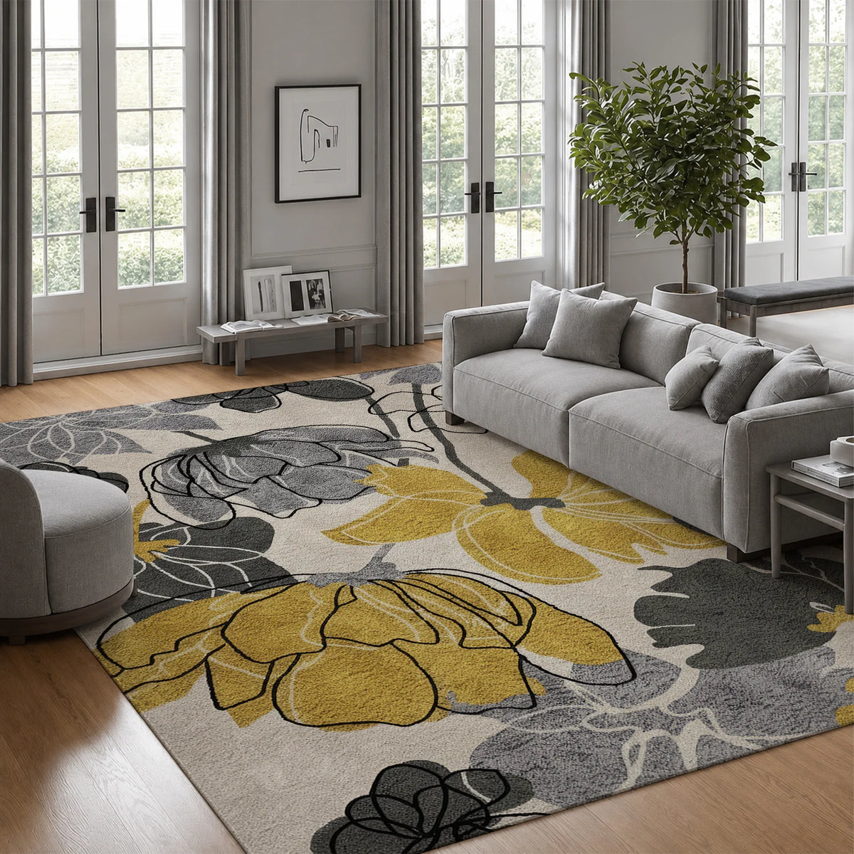 Large Indoor Area Rug, Soft Velvet Low Pile Non-Slip Machine Washable Abstract Floral Rug in Mustard Yellow & Gray Tones for Living Room, Bedroom, Entryway