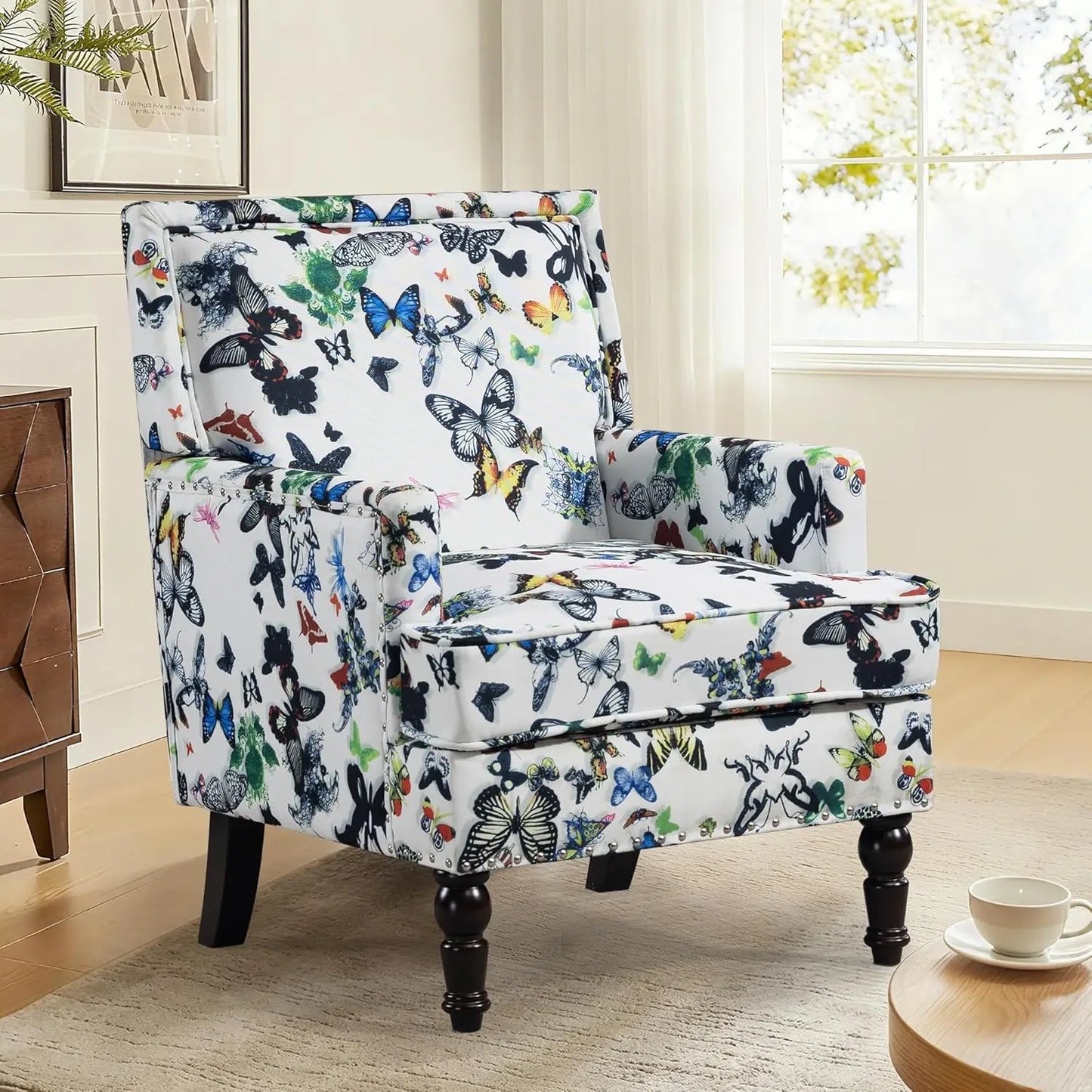 Accent Chair, Comfy Cozy Modern Mid-Century Accent Chairs, Linen Upholstered Lounge Arm Chair with Solid Wood, Customized