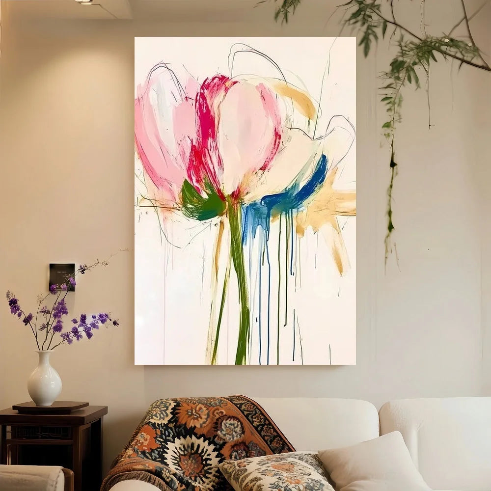 Framed 2D Flat S Colorful Abstract Floral Wall Art With Wooden Frame - Canvas, Pink, Blue, And Green Flower Designs For Bedroom,