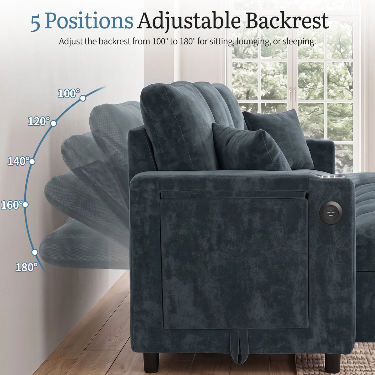 Convertible U-Shaped Sleeper Sofa, 107.8" 2-in-1 Pull Out Bed Sectional with Double Storage Chaise, Charging Station and Cup Holders, Chenille Fabric Couch for Living Room, Blue