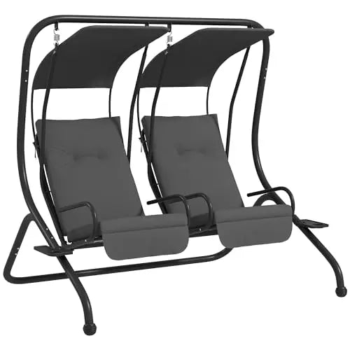 Gray Two-Seat Outdoor Hanging Swing With Adjustable Canopy And Side Cup Holders For Deck Garden Or Pool Area
