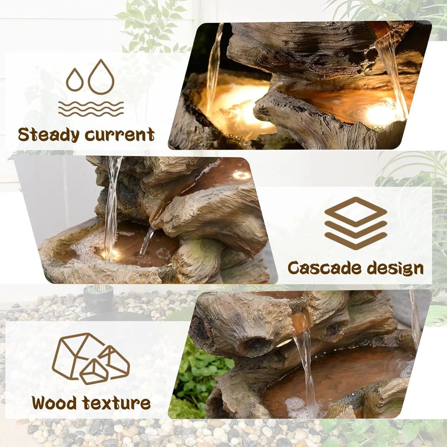 5-Tier Tree Trunk Outdoor Water Fountain LED Garden Decor