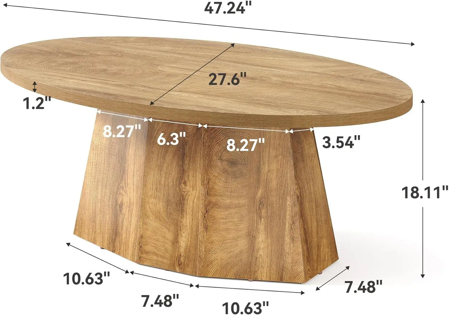 Oval Coffee Table, 47-Inch Living Room Table with Polygonal Pedestal, Modern Center Accent Furniture,Easy Assembly, Yellowish Brown