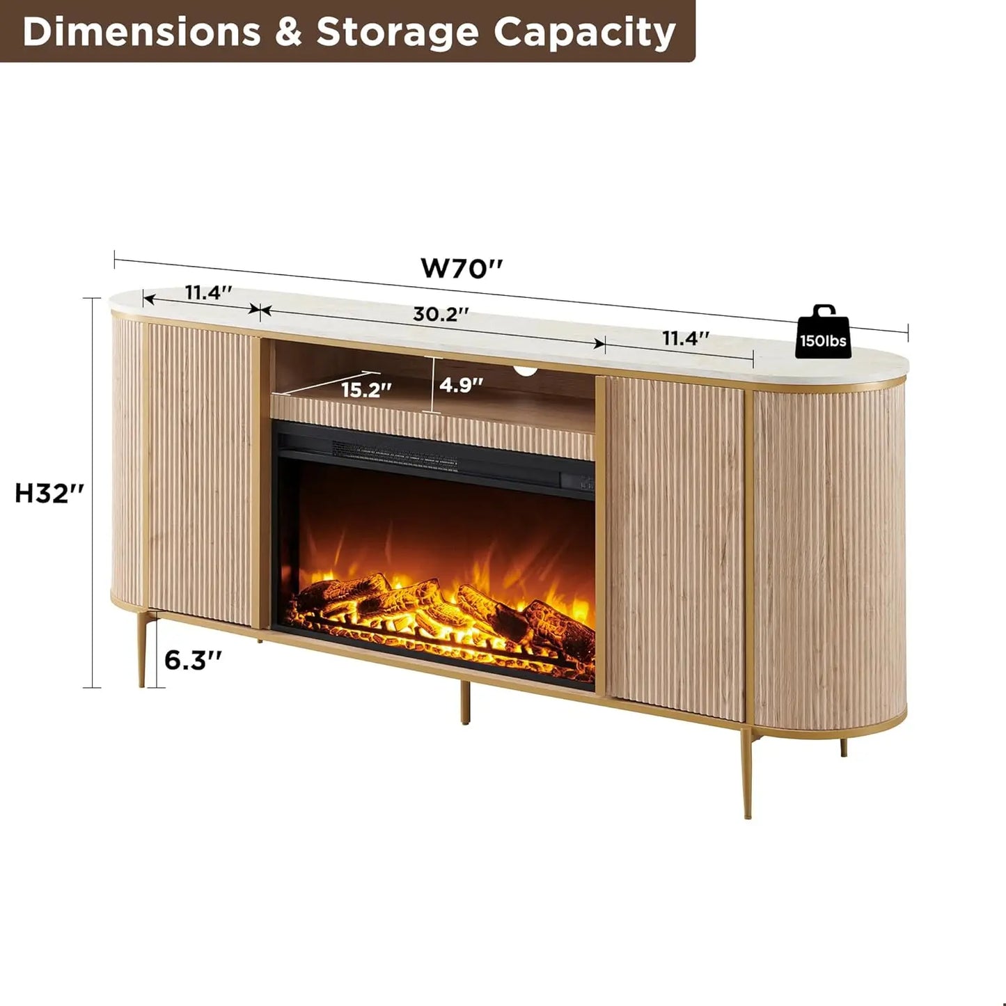 Fluted Fireplace TV Stand With Faux Marble Modern Curved Console