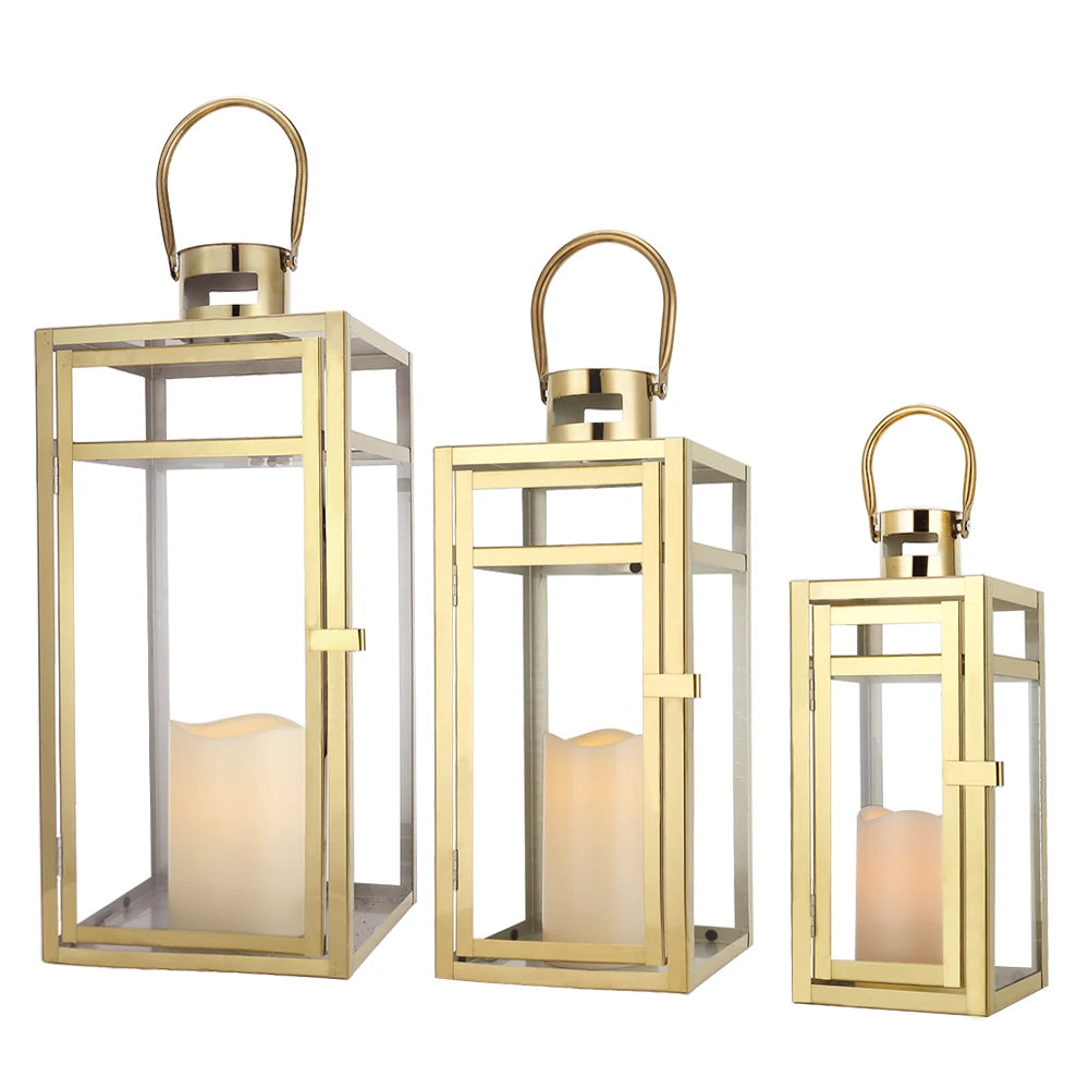 NEWIMAGE Stainless Steel Lantern Set With Tempered Glass Panels