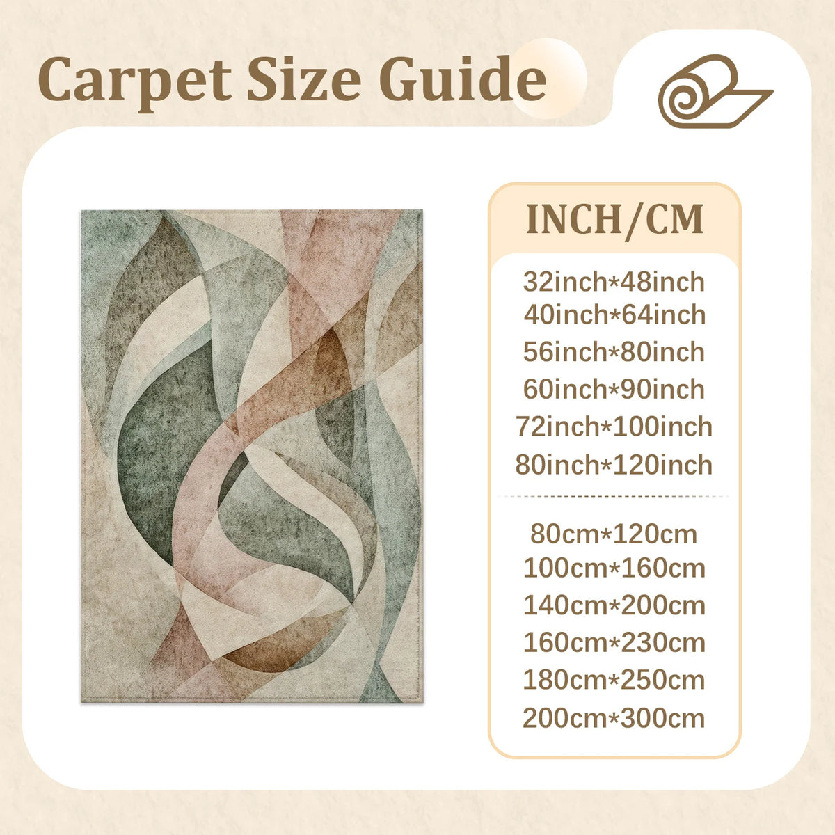 Large Indoor Area Rug, Soft Velvet Low Pile Non-Slip Dotted Backing Machine Washable, Modern Abstract Curved Pattern Rug for Living Room Bedroom, Muted Sage Blush Beige Earth Tones
