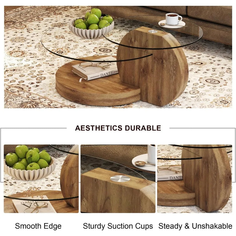 Tempered Round Glass Coffee Table With Wood Frame 3 Tier