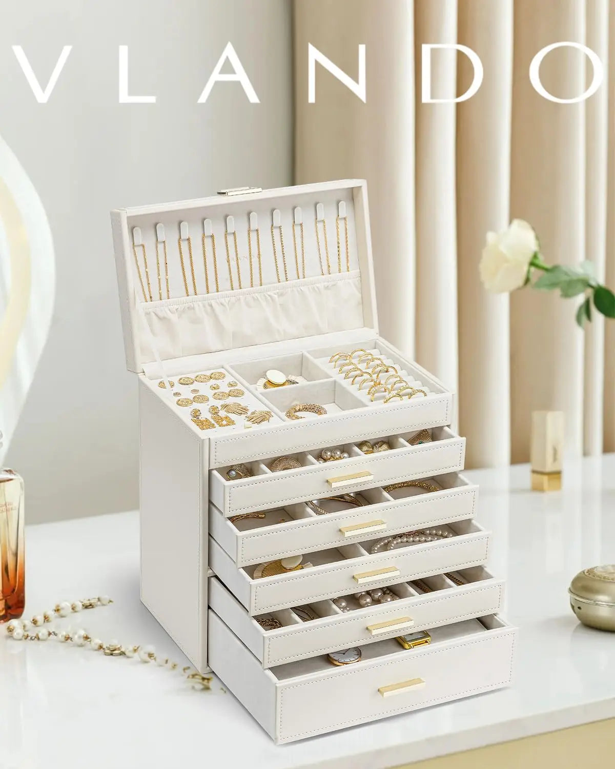 LUNEVA Store VLANDO 6 Layer Large Jewelry Box - Jewelry Holder Organizer, Jewelry Box Organizer for Drawer Necklace Ring Bracelet and Watch, Birthday Gift for Loved Ones - Beige