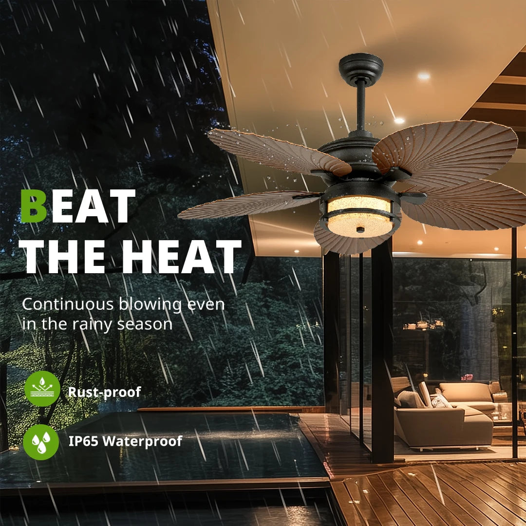 Orison 52'' Outdoor Ceiling Fan with Lights, Tropical Palm Leaf Fan, Wet Rated for Patio, Porch & Gazebo, Dimmable LED, 6-Speed,