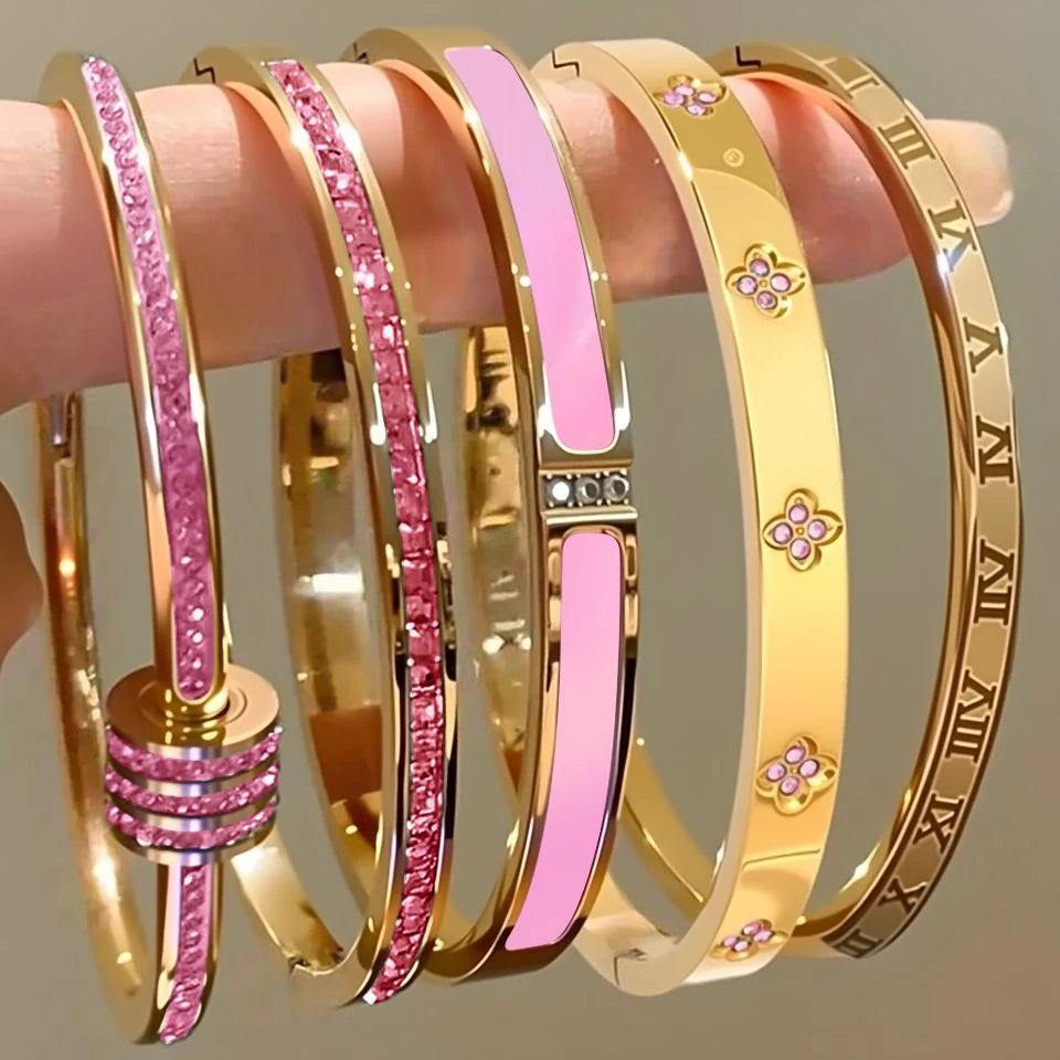 Sparkling Zirconia Inlaid Stainless Steel Bracelet Set For Women