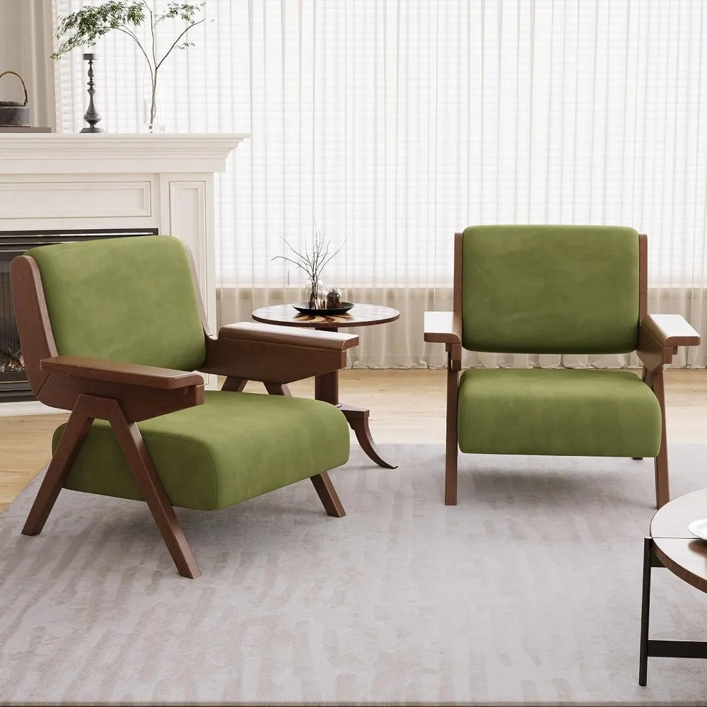 Accent Chair, Mid-Century Modern Velvet Upholstered Lounge Chair with Solid Wood Arms and Thick Cushion, Customized