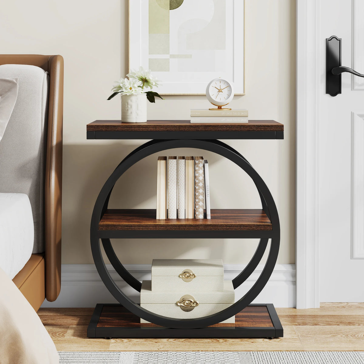 Tribesigns Industrial End Table With 3 Storage Shelves Metal Frame