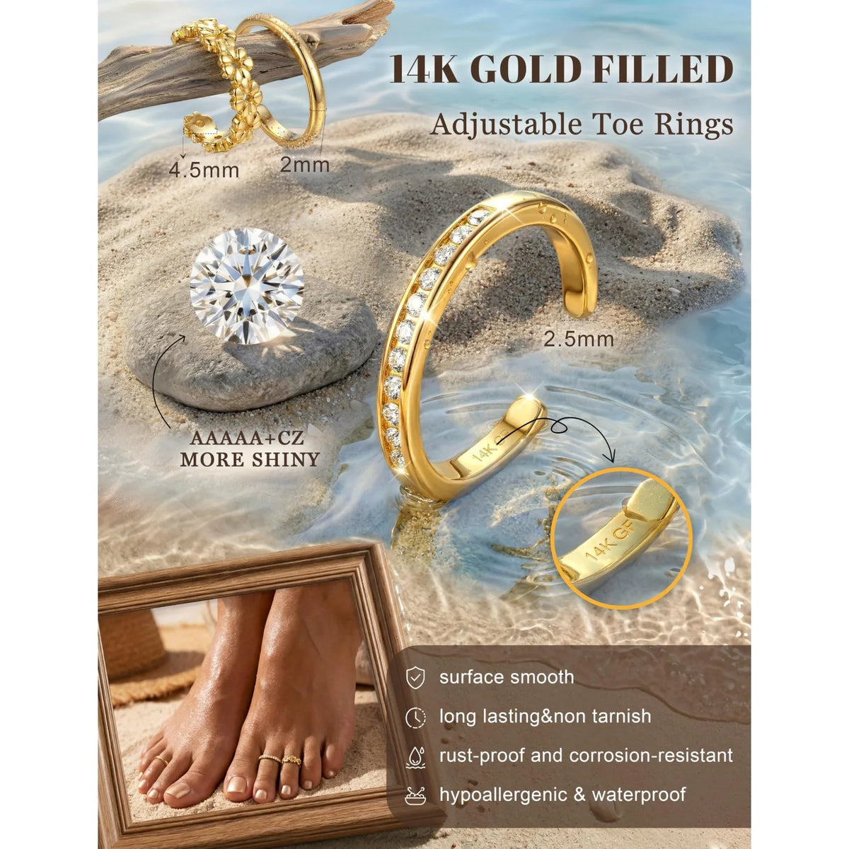 Drperfect 14K Gold Filled Adjustable Flower CZ Toe Rings