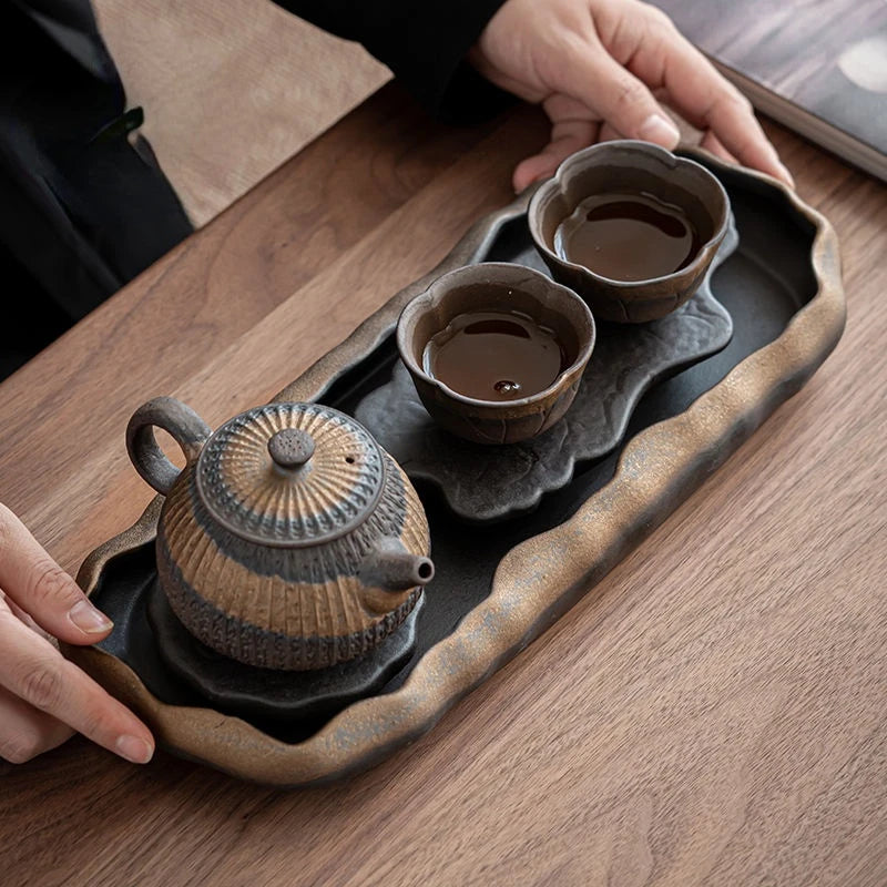 Japanese Gilded Coarse Pottery Tea Tray Zen Tea Making Platform Household Retro Style Tea Set Tray Teaware Kitchen Dining Bar