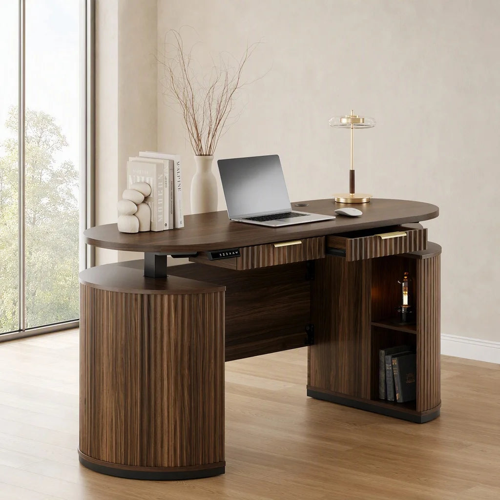 Electric Standing Desk with Storage Drawers, 63'' Executive Height Adjustable Desk with Privacy Panel and Shelves, Wood Fluted Computer Desk for Home Office