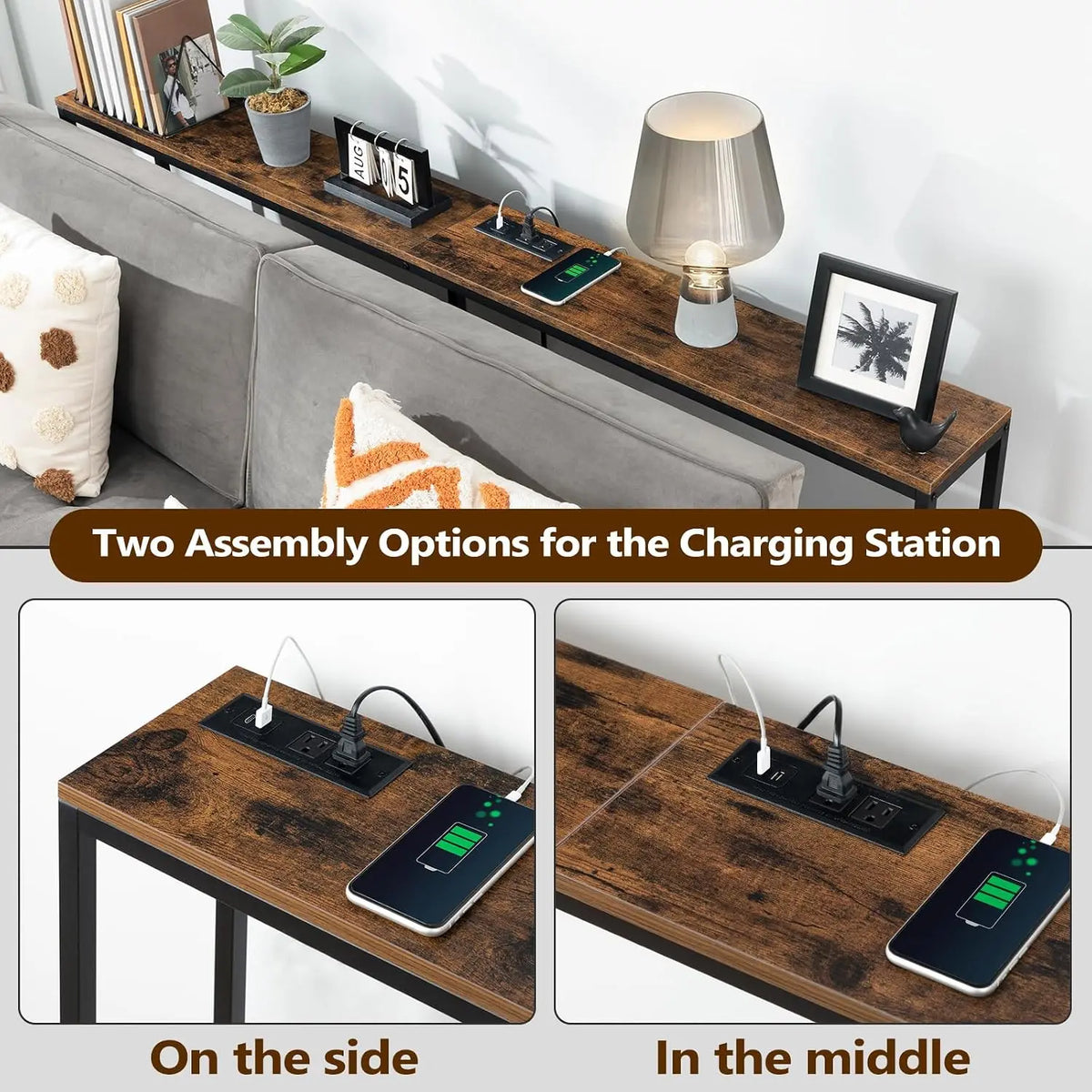 70.9-Inch Console Table with Power Outlet and Charging Station, Narrow Sofa Table, Skinny Behind Couch Table for Entryway, Hallway, Foyer, Living Room, Rustic Brown