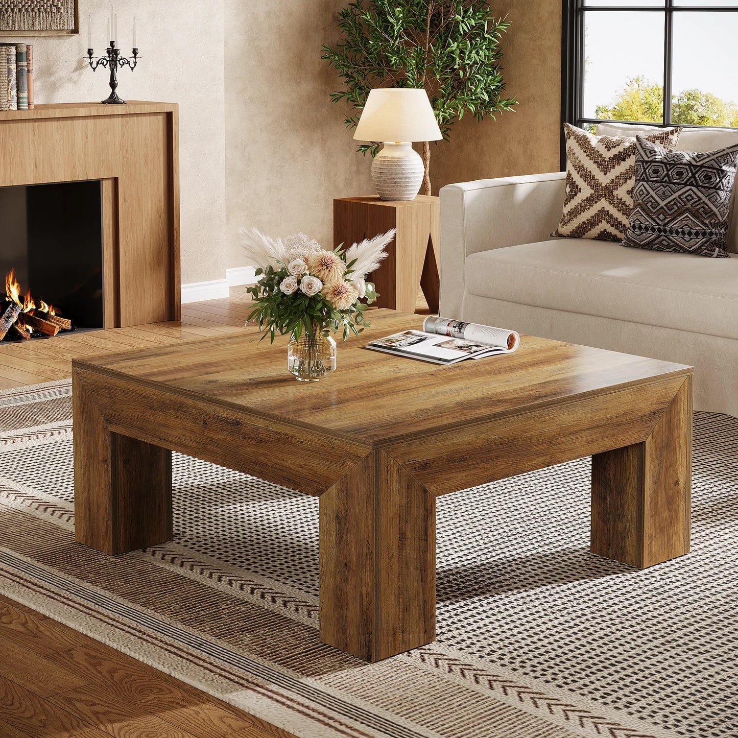 Tribesigns 39.4-Inch Square Coffee Table for Living Room, Farmhouse All MDF Accent Center Cocktail Table with Sturdy Wooden Legs