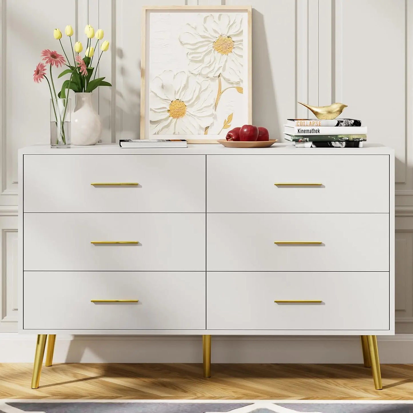 White 6 Drawer Dresser with Gold Handles Wooden Storage Chest for Bedroom Living Room Hallway,Customized