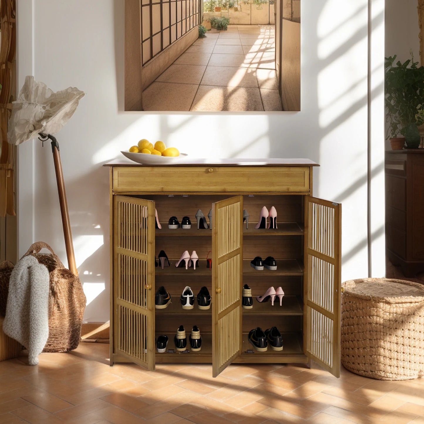 4 Tier Shelves Shoe Storage Cabinet Shoes Rack with 3 Hollow Doors Shoe Organizer Cabinet for Entryway Closet Hallway
